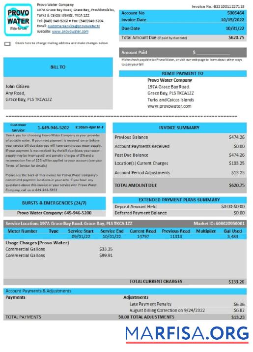 Downloadable United Kingdom Turks and Caicos Islands Provo Water Company utility download for verification